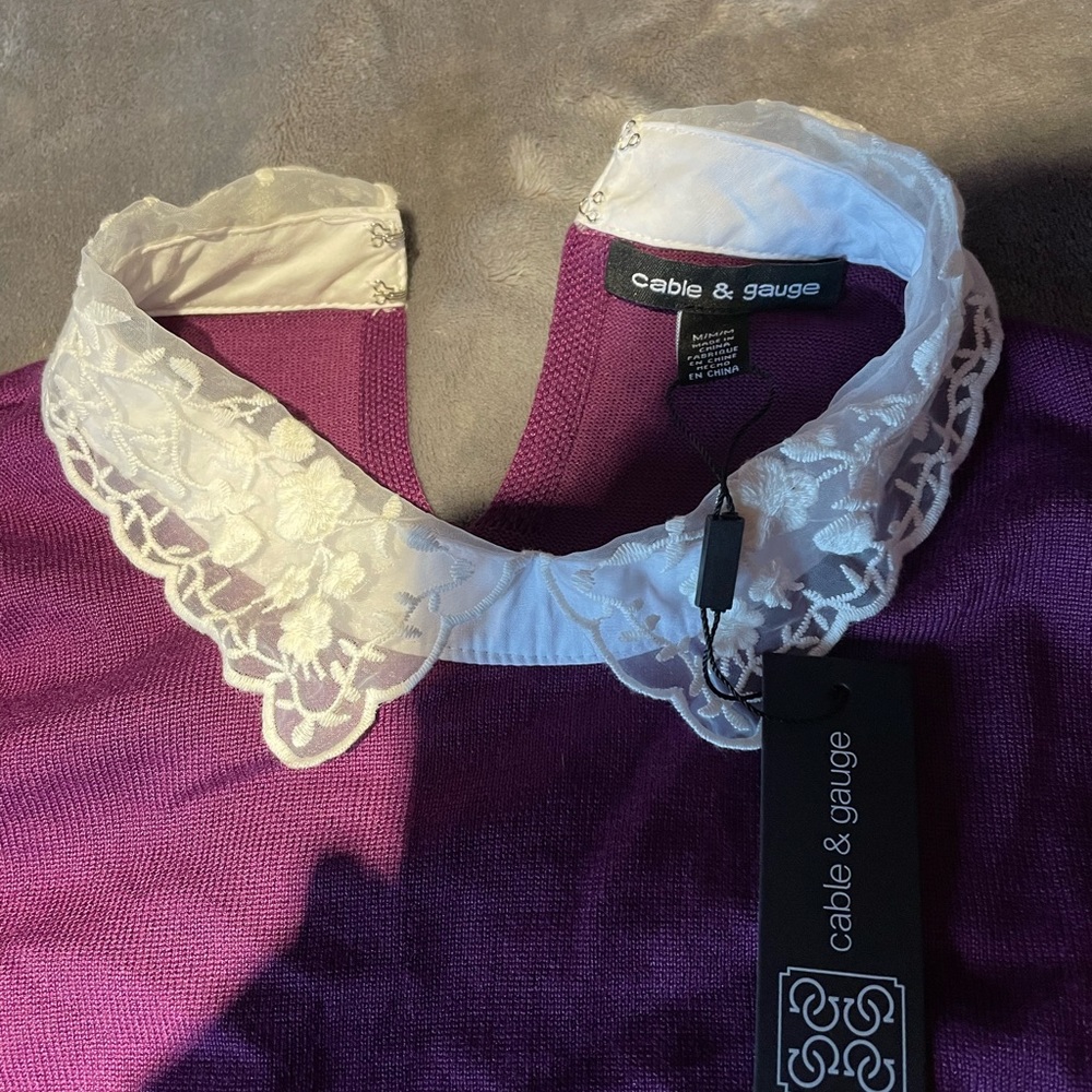 Purple sweater with lace collar